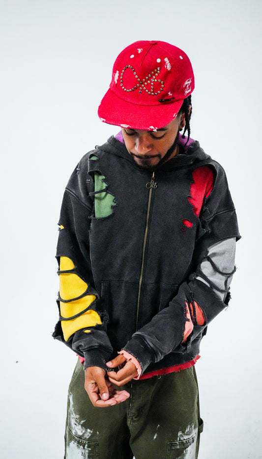 Multithrash Reversible Zip — black distressed side, front
